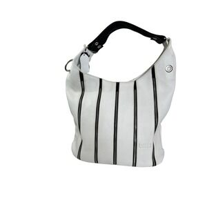 Bititi White Pebbled Leather Multi Zipper Hobo Bag Black Strap K8287